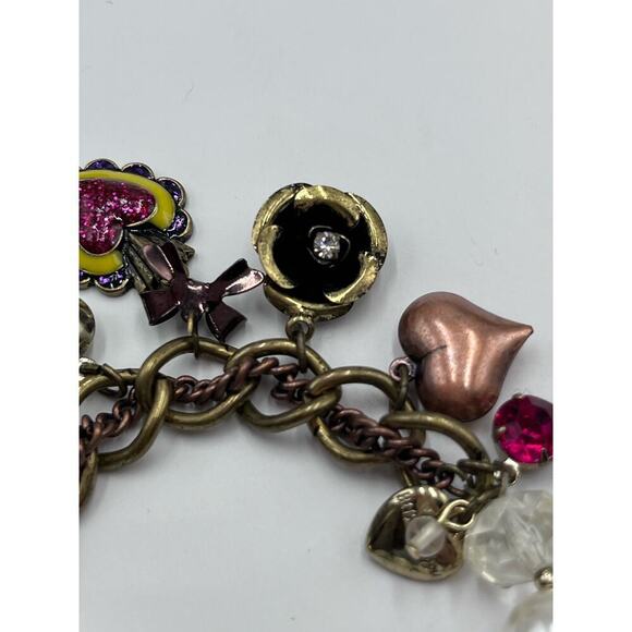 Betsey Johnson Half Stretch Faux Pearl Multicolor Heart Flower Charm Bracelet - Picture 6 of 8